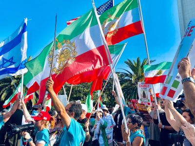 At a rally Monday evening in Westwood, hundreds of Iranian Americans from diverse religious backgrounds chanted "Long live the Shah!" and "Bibi, we love you!" in Farsi. Credit: Sharon Nik